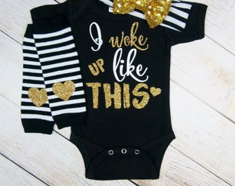 Baby Girl Clothes, Baby Girl Gift Set Gold Black Baby Headband Leg Warmer Baby Girl Outfit I Woke Up Like This Newborn Toddler Clothes