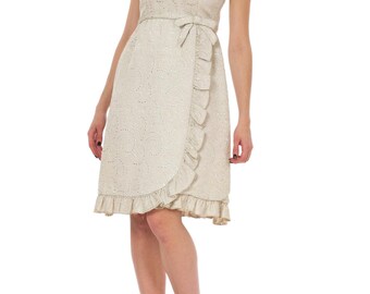 Vintage 1960s Nat Kaplan Silver Jacquard Ruffle Collar Mod Midi Dress Size: XS