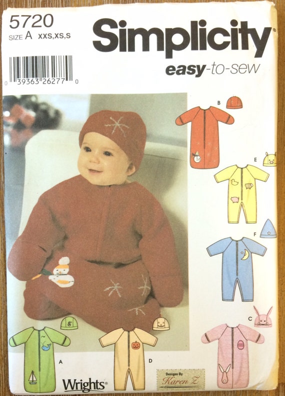 UNCUT Baby Bunting and Hat Sewing Pattern Simplicity 5720 Romper, Holiday, Christmas, Easter, Halloween, Boats, Snowman, Newborn to 6 Months