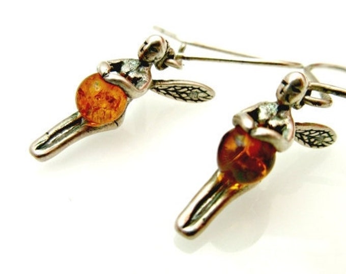 Sterling Amber Fairy earrings - dangle pierced hook earring