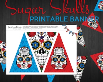 Party Printable Banner - Sugar Skull Halloween Pennant Bunting Banner - Instant Download