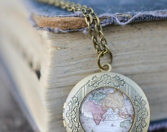 Vintage Map Locket Necklace, Antique Bronze Long Chain Locket, Boho Necklace, Wanderlust Necklace, Memento Necklace, Picture Necklace