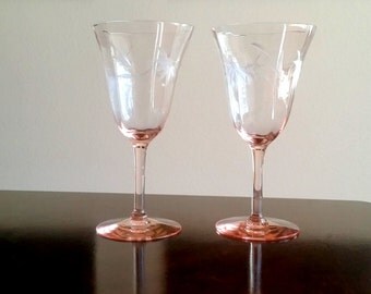Vintage Pair Pink Etched Depression Glass Wine Goblets / Toasting Goblets