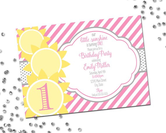 Sunshine Birthday Party Invitation - Our Little Sunshine - First Birthday Invitation - Stripes and Suns - Yellow Grey and Pink - Printable Il_570xn