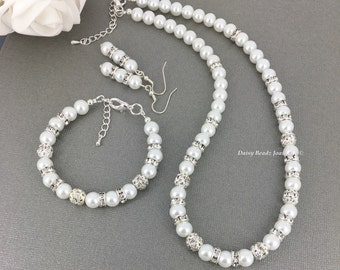 White Pearl Necklace Set White Pearl Rhinestones Necklace Bracelet Jewelry Bridesmaid Necklace Bridal Jewelry Bridesmaid Gift Classic Simple