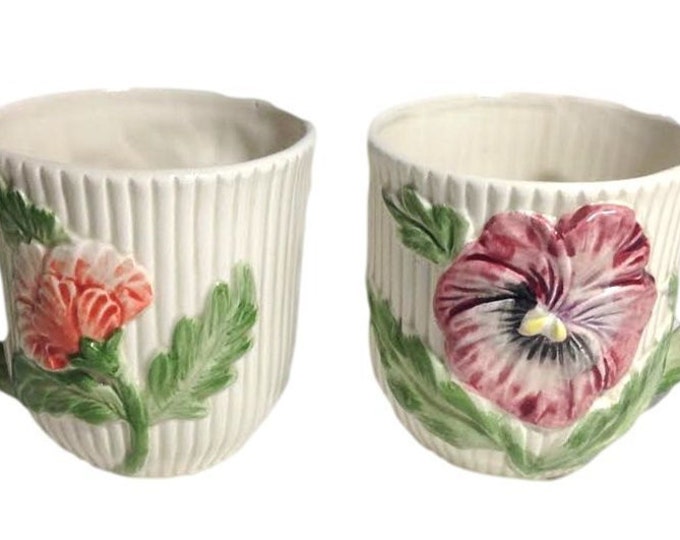 Fitz & Floyd April Flowers Ceramic Coffee Mug Set of 4 Embossed Ribbing with Sculpted Flowers 10 Oz