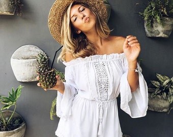 White Gypsy Off Shoulder Frill Romper - Ladies Playsuit - White Beach Jumpsuit, White Lace Frill Jumper