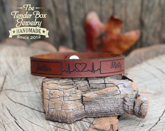 Personalized leather bracelet heartbeat engraved couple's leather bracelet engraved EKG leather cuff his her gift