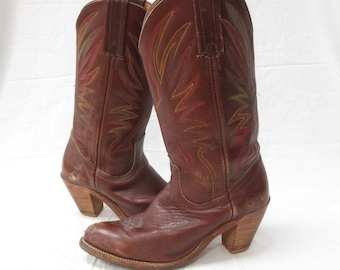Vintage Frye Ladies 8b Brandy Leather Rainbow Stitched Cowgirl Western Boots