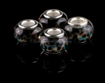 Beautiful European Style Bead Charm for European Bracelet, Handpainted Murano Glass, Silver Cores, Black-Aqua-Foil-Animal Print