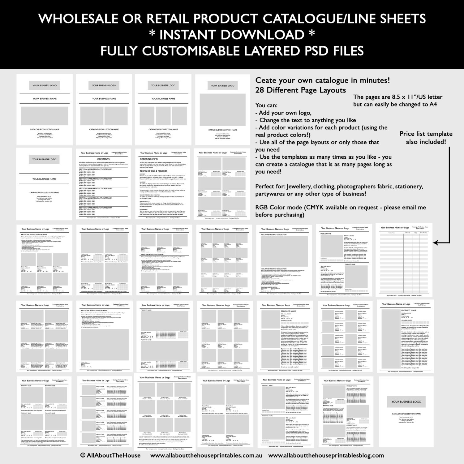 retail or wholesale catalogue template mockup photoshop template layered psd fully customisable editable indesign illustrator line sheet product pricing list ordering invoice form-min