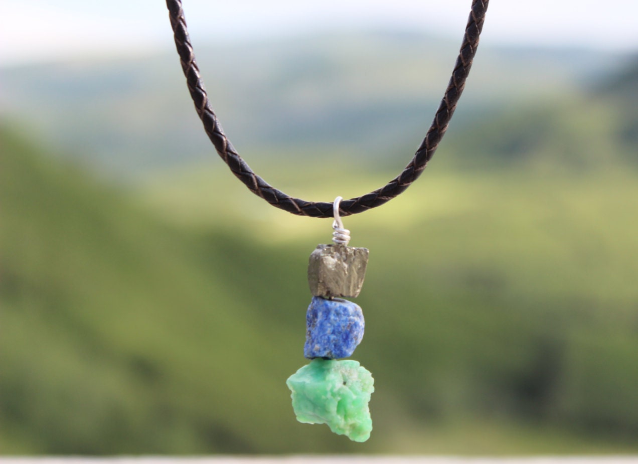 Hiking Necklace Mens Raw Crystal Pendant Pyrite Lapis
