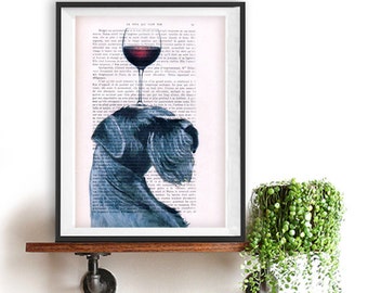 Woodland Schnauzer print, Dog with wineglass, Schnauzer Art Print, Gift for Him, Red, Office Wall Art, Wall Decor, Home Decor, black dog