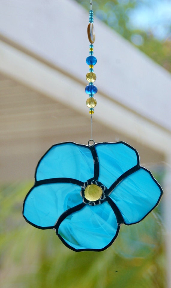 Flower Suncatcher Stained Glass with Glass Beaded Hanger and