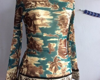 Vintage Jean Paul Gaultier sheer mesh top JPG Classique mesh top Gaultier transparent top contrasting trim colonial print