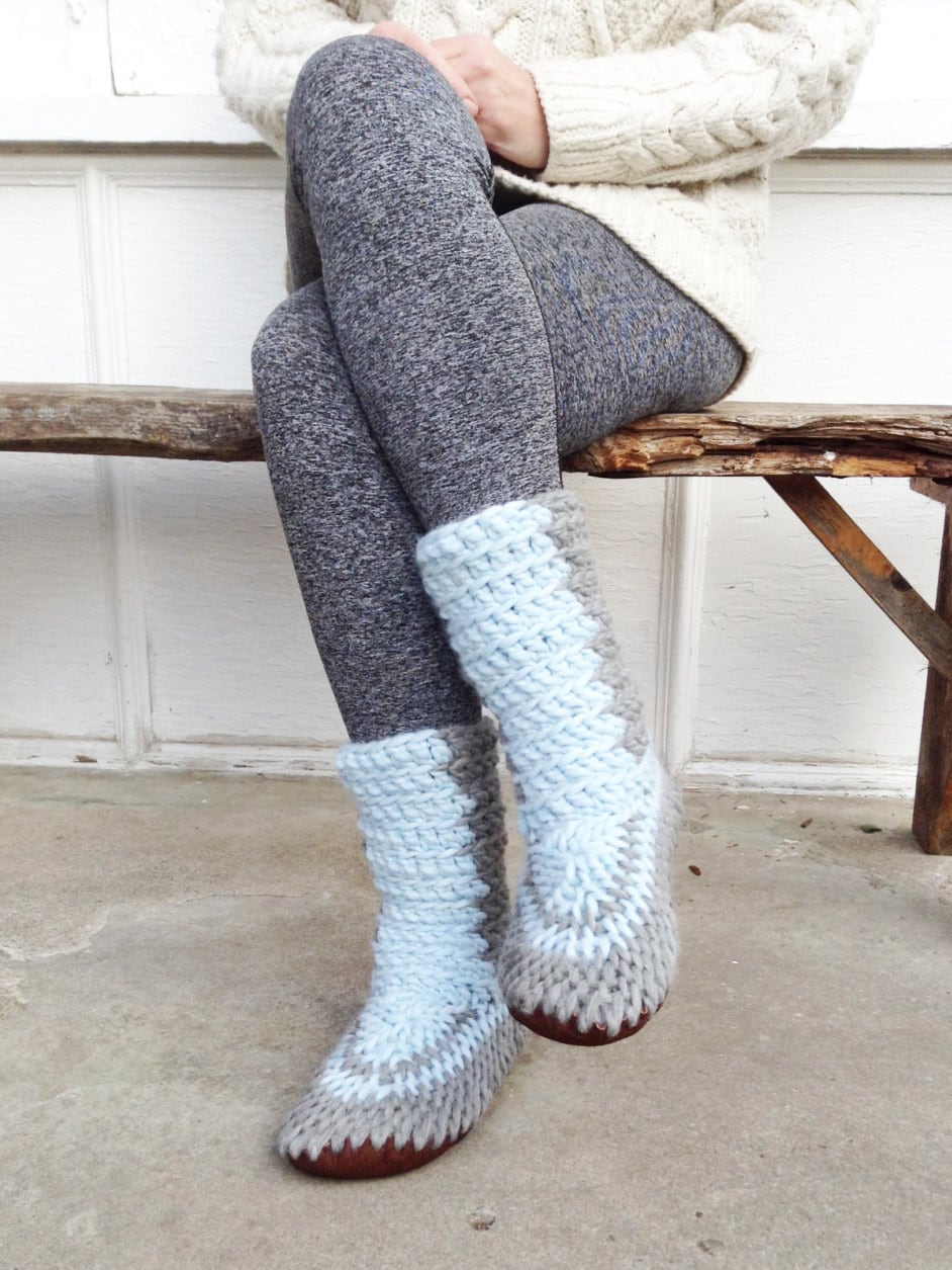 Knitted Slipper Boots with Leather Soles by MuffleUpSlippers