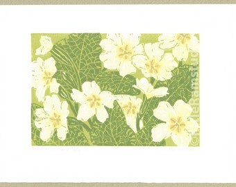 Primroses art linocut print - Original Limited Edition Linocut Reduction Print