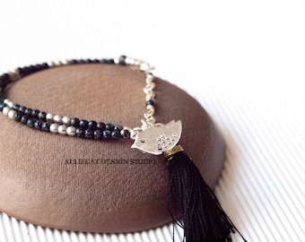 Bohemian Bracelet, Boho Bracelet, Black and Silver Birdie Tassel Bracelet