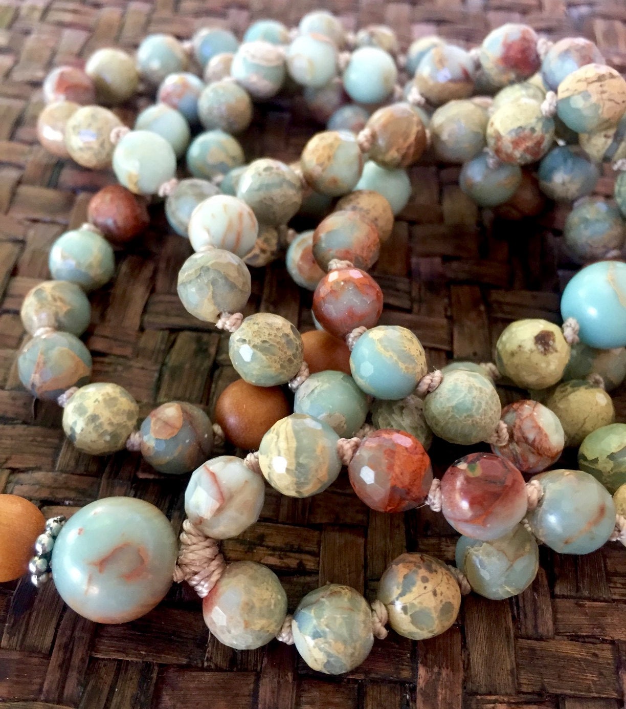 Faceted African Opal Sandalwood Mala Beads by