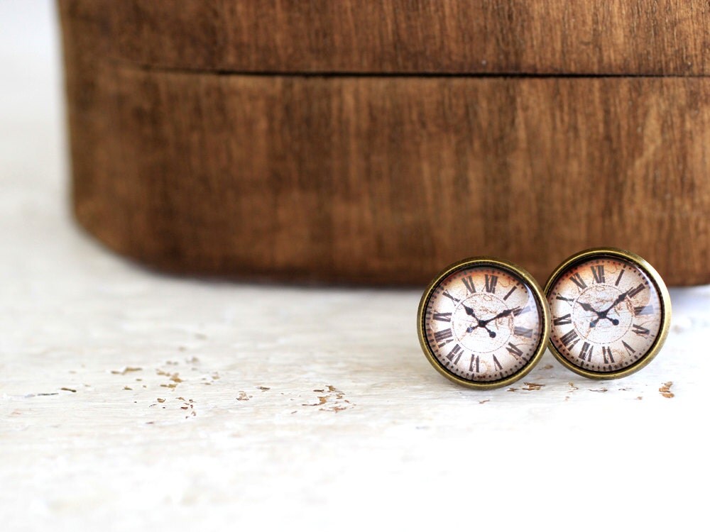 Clock Earrings Clock Studs Vintage Clock Earrings Clock