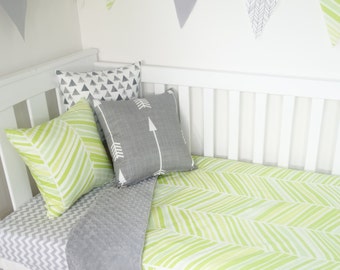 Green and grey herringbone nursery set