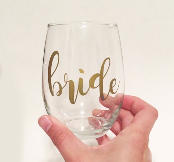 Bride Stemless Wine Glass Gold in Script Font / Bridal Gift