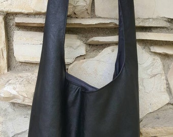 Soft bonded leather across the body hobo bag in Black or Navy. black hobo bag, slouch bag, boho bag