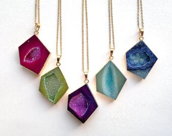 Druzy Geode Necklace Blue Pink Gold Window Druzy Pendant Gold Edge Gold Dipped Jewerly Geode Slice Jewelry Mineral Necklace Drusy Blue Stone
