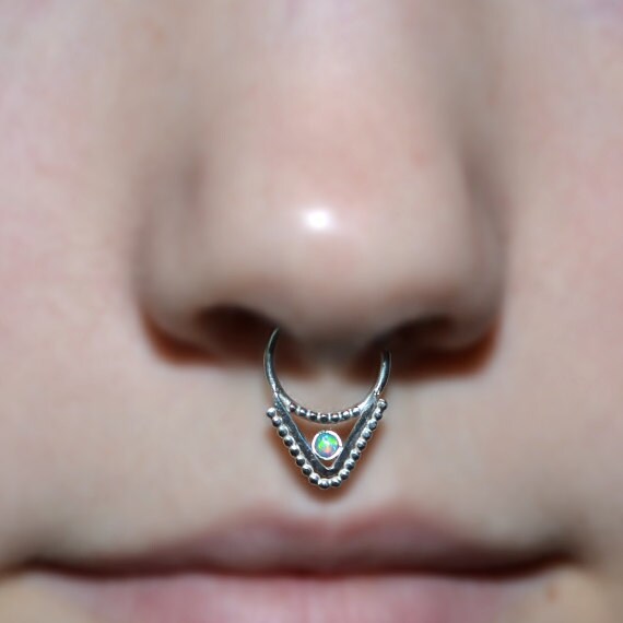 Septum Ring 2mm Opal - Silver Septum Jewelry - Nose Ring Hoop - Cartilage Earring - Nipple Piercing - Helix Ring - Tragus Earring 14g