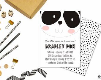 1st birthday boy printable, 1st birthday boy party, 1st birthday invitation black and white, 1st birthday invitation boy. panda invitations