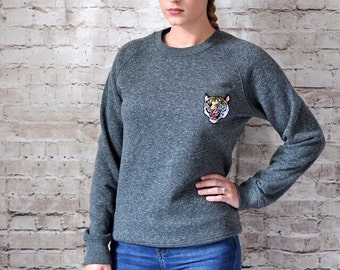 Upcycled Khaki Fleck Sweatshirt with Tiger Badge, Sweat Top, Streetwear.