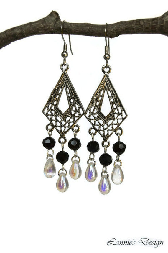 Black Chandelier Earrings Teardrop Kite Diamond Shape Crystal