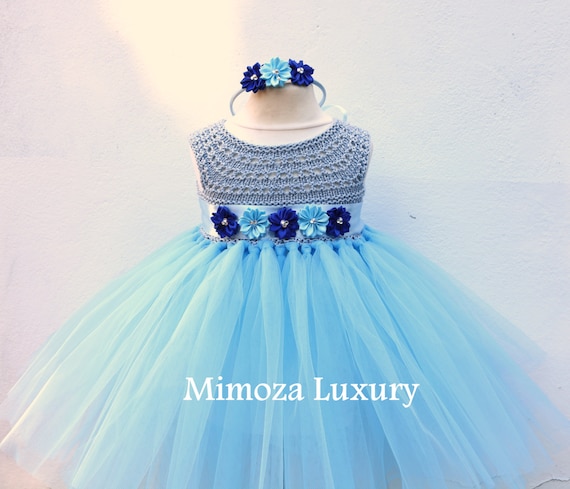 SALE size 3-6m, Ready to ship, Blue Flower girl dress tutu dress, bridesmaid dress, green princess dress, crochet top tulle