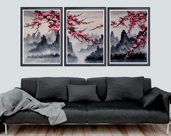 Cherry blossom art, Cherry blossom wall mural, cherry blossom japanese art print set of 3