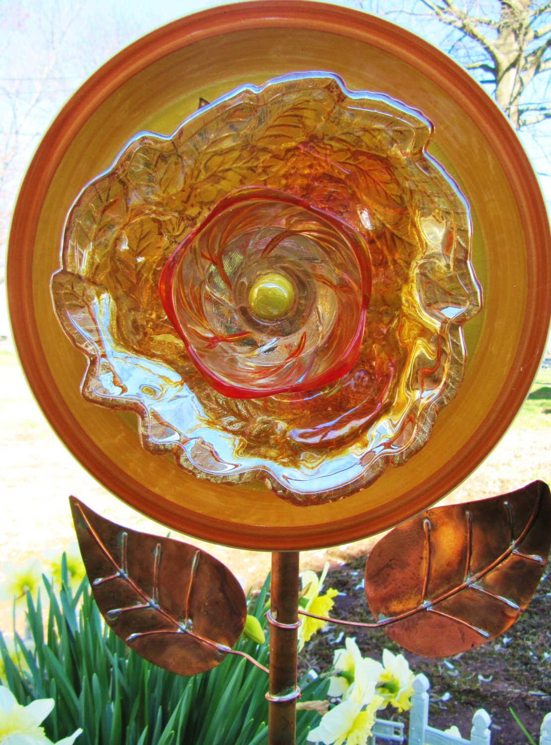 vintage glass plate flower yard art repurposed by ADelicateTouch1