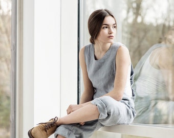 Loose Linen jumpsuit. Ice blue/silver grey washed linen jumpsuit/ linen overall