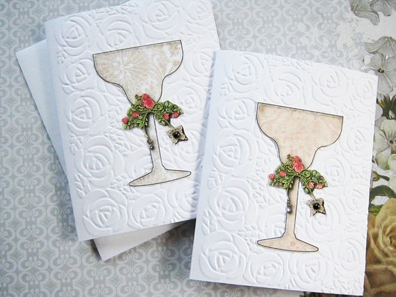 Champagne Glass Note Cards, Embossed note cards, Celebration card, Party invite, champagne glass, flowers, embossed roses, all occasion card