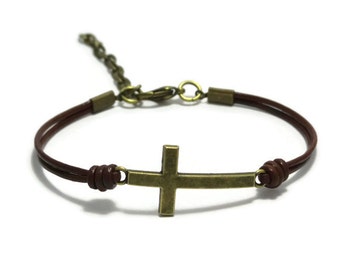 Leather Cross Bracelet, Sideways Cross bracelet, Unisex Bracelet, Men Leather Bracelet, Christian Catholic Bracelet, Christian Gift