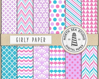 JUST A GIRL | Girly Digital Paper Pack | Scrapbook Paper | Printable Backgrounds | 12 JPG, 300dpi Files | BUY5FOR8