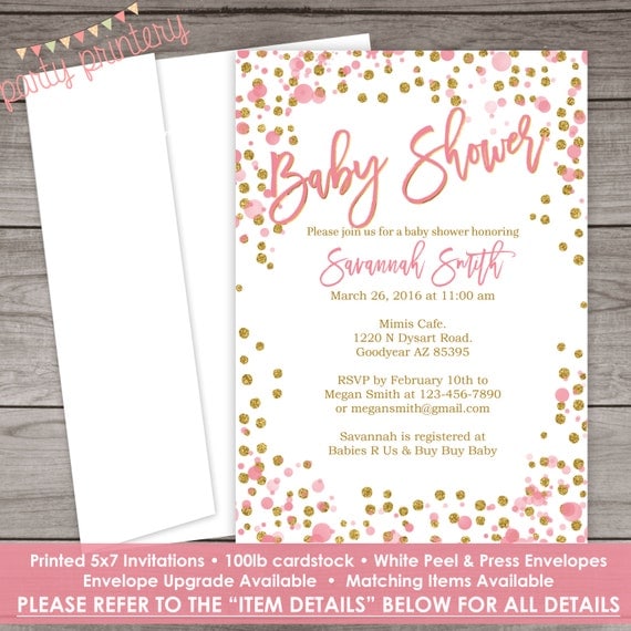 Pink and Gold Baby Shower Invitation Printed by PartyPrintery