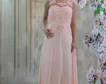 Charming pink lace applique illusion evening dress prom dress
