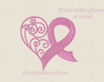 Curlz heart & Pink ribbon machine Embroidery design Breast Cancer Awareness Ribbon hearts embroidery pattern designs. 4 sizes 4x4 5x7 6x10.