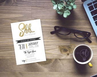 Shhh Surprise, Any Age Surprise Birthday Invitation - 21st, 30th, 40th, 50th, Surprise Birthday Party Invitation, gold, Birthday Printable