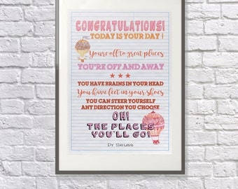 Dr Seuss Quote 'The Places You'll Go' : Perfect Print for Playroom, Christening, Congratulations, Motivation, New Job etc. Positive Art