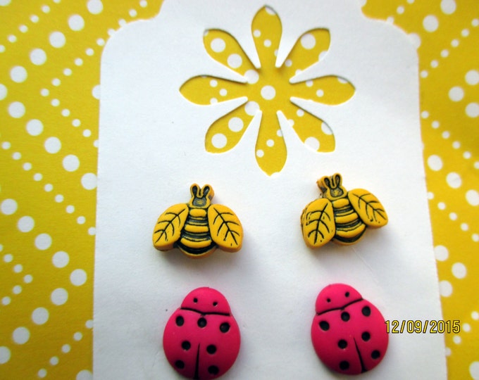 Bee Earrings-Tiny Bee jewelry-Pink ladybug studs-Bee posts-bug jewelry sets-cute bug studs-gifts for girls-girls party favor-gift for tweens