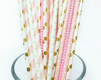 Pastel Baby Shower Decorations, Pink, Mint and Gold Paper Straws, Pink and Mint Bridal Shower, Garden Party Decor, Dessert Table Decorations