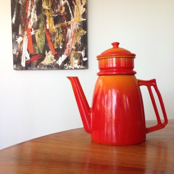 Mid Century cast iron enamel drip coffee pot by myvintagecave
