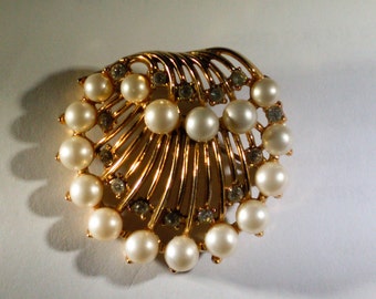 Signed Trifari Pearl and Rhinestone Gold Shell Brooch