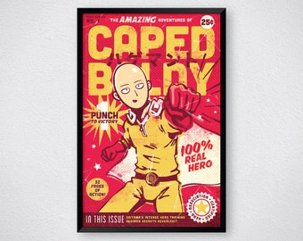 One Punch Man Caped Baldy Art Poster | Saitama Retro Hero Comic Manga Anime Print