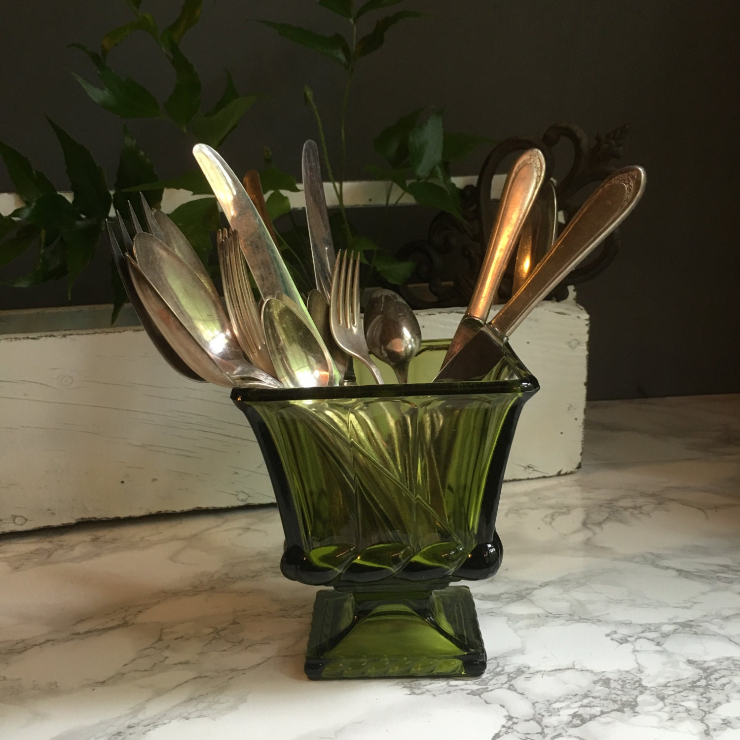 Vintage Green glass pedestal vase